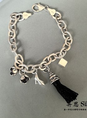 韩国设计款 S925纯银高跟鞋流苏方块亮银7mm手链 小众个性 独特