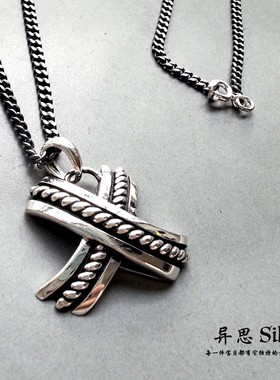 韩国东大门 S925纯银立体X字母长项链 复古做旧毛衣链 百搭 15克