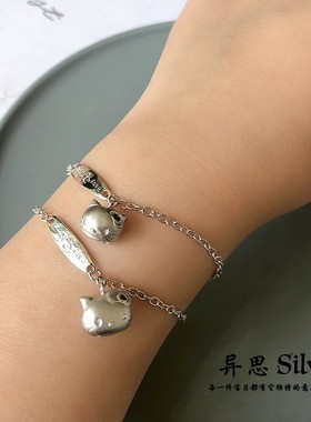 日韩S925纯银可爱卡通lucky猫咪手链 Kitty猫凯蒂猫 通体银超值特