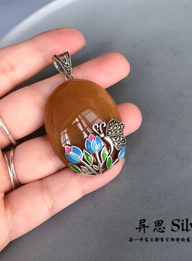 民族风 S925纯银马克赛钻蝴蝶花丛黄玛瑙吊坠复古项链坠 高档大气