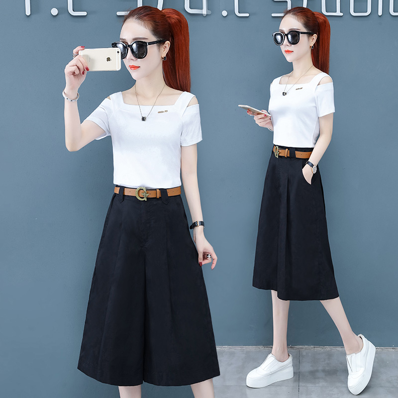 卡貂尼旗舰店阔腿裤女中裤牛仔宽松五分裙裤卡其色夏薄款新款七分时尚套装0