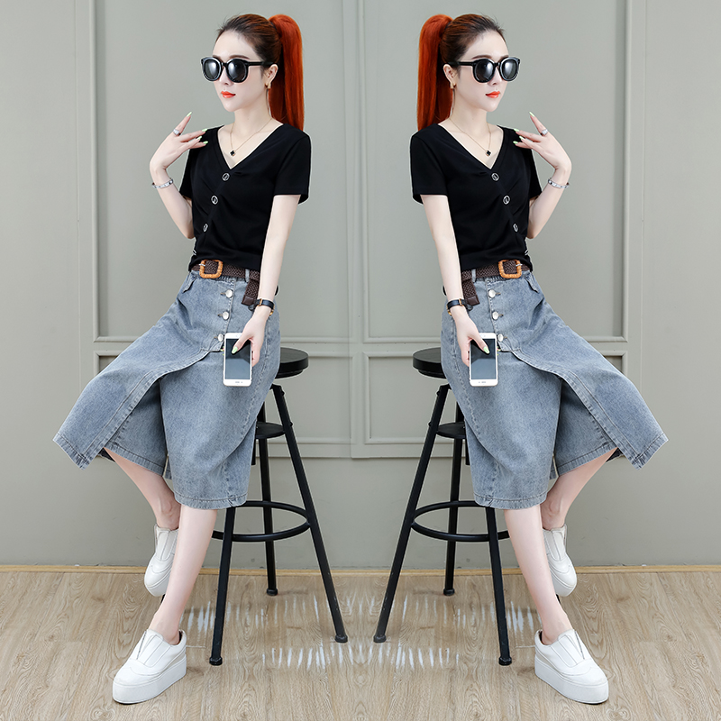 卡貂尼旗舰店牛仔半身裙女夏季薄款中长款女士牛仔裙2022新款高腰a字显瘦裤裙1