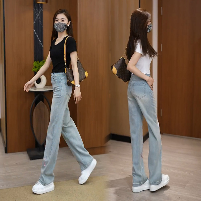 国风浅色牛仔裤女2025年新款高腰窄版直筒裤刺绣夏季薄款阔腿裤子,淘宝优惠券,粉丝福利购,淘宝优惠卷