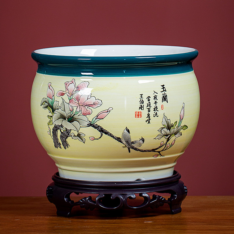 花盆陶瓷带底座古风淡黄透气盆景盆栽兰花专用吊兰室内文竹盆清仓,淘宝优惠券,粉丝福利购,淘宝优惠卷