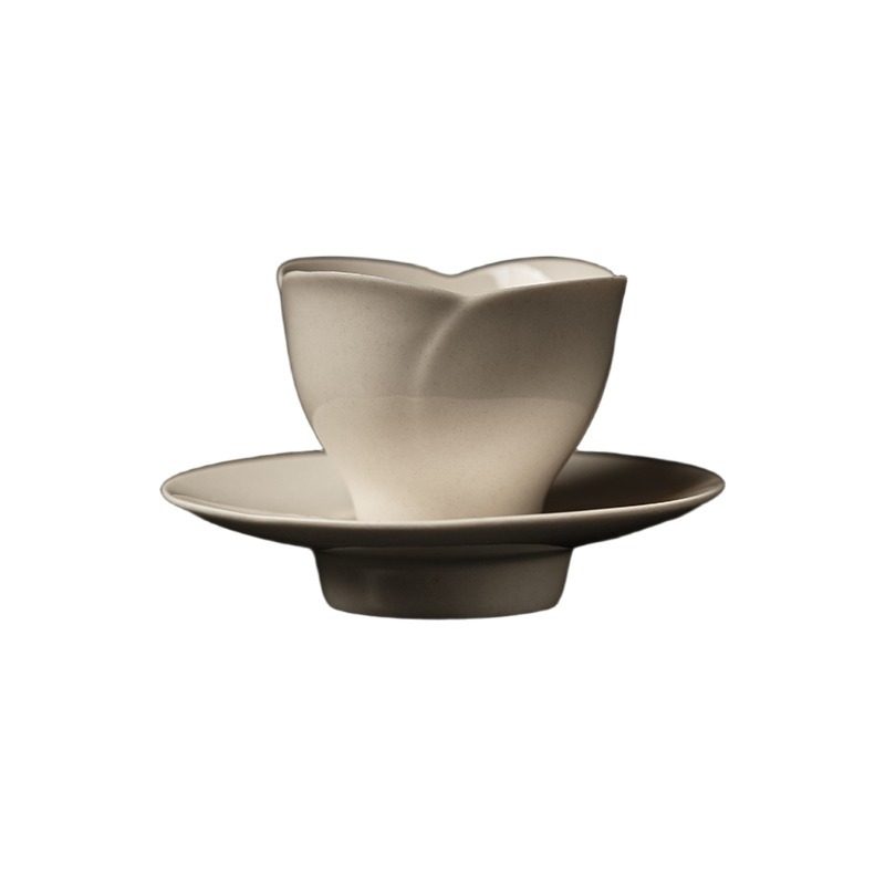 草木灰纯色釉陶瓷花瓣茶杯带杯垫家用简约品茗杯客杯功夫茶具,淘宝优惠券,粉丝福利购,淘宝优惠卷