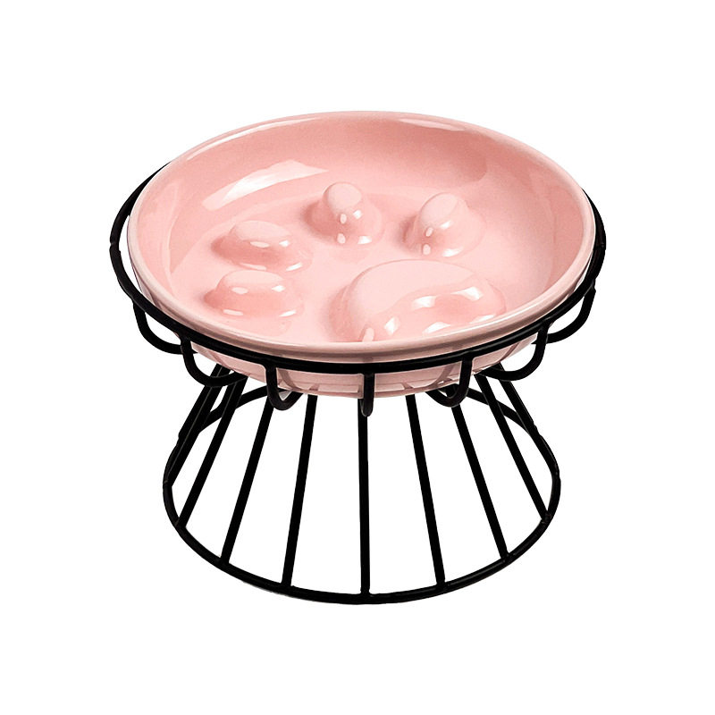 简约风猫爪慢食盘带条纹铁架高脚碗架陶瓷宠物碗猫碗狗碗防噎缓食,淘宝优惠券,粉丝福利购,淘宝优惠卷