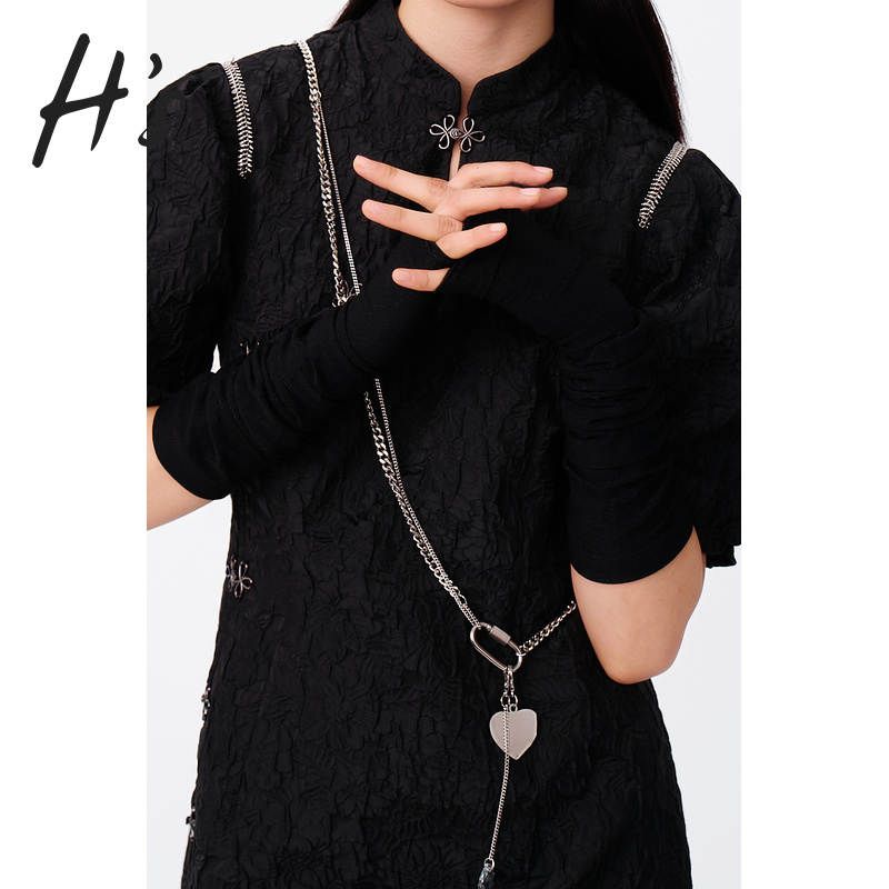 HS2021秋季新款黑色国风袖套修身气质泡泡袖旗袍连衣裙女