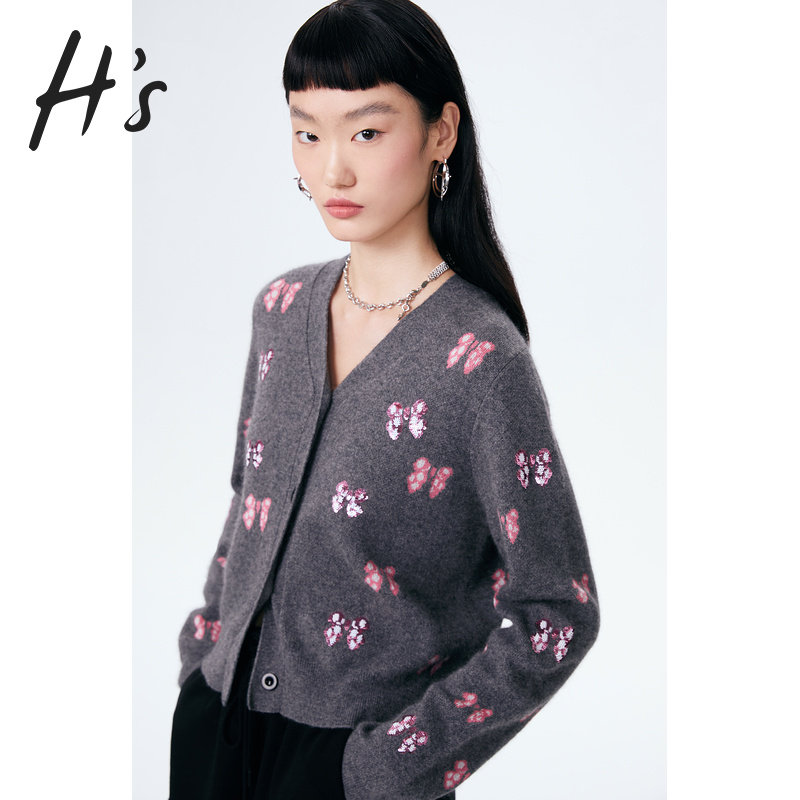 hs+c2021冬季新款图案亮片开衫 HS毛针织衫