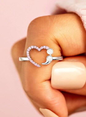 S925纯银镶粉钻爱心女士戒指