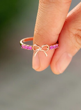 S925纯银粉钻蝴蝶结女士食指环