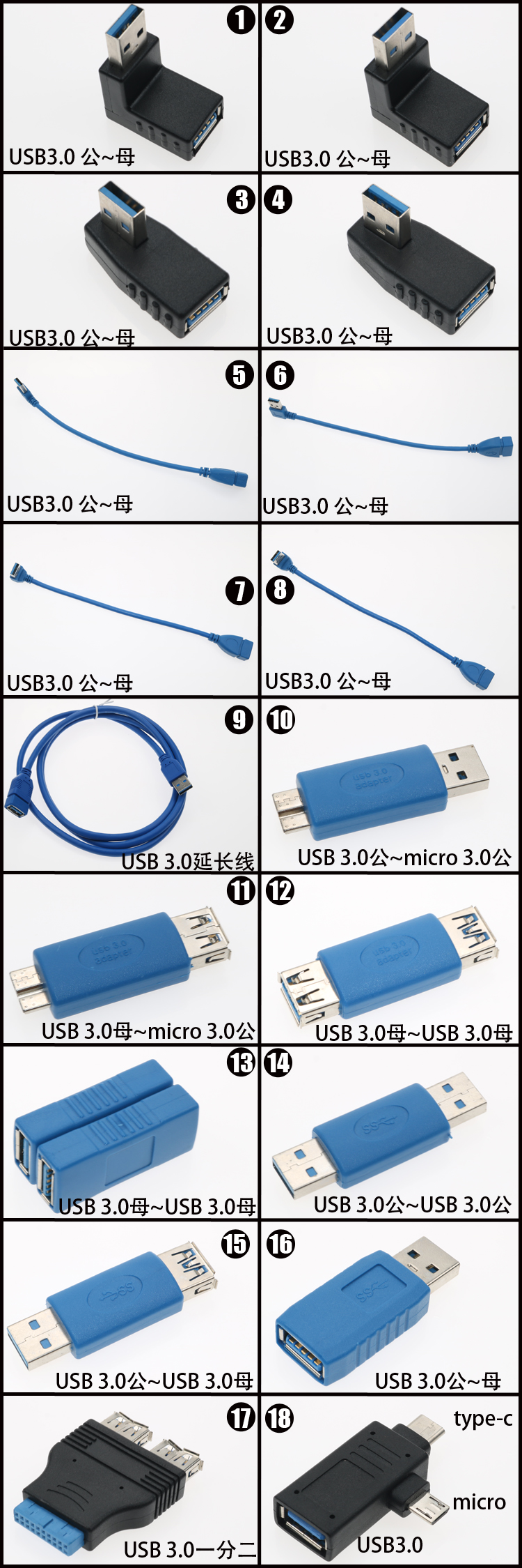 USB3.0公母转接头延长线转micro19针20一分二母转母公转公type-c-图2