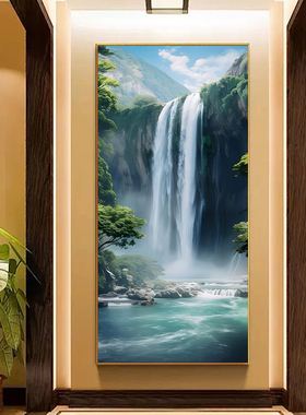 流水生财瀑布挂画玄关聚财财源滚滚山水画客厅招财风水卷轴装饰画