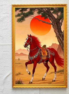 红马自粘画红日红马装饰画办公室背景墙挂画一匹红色骏马装饰画