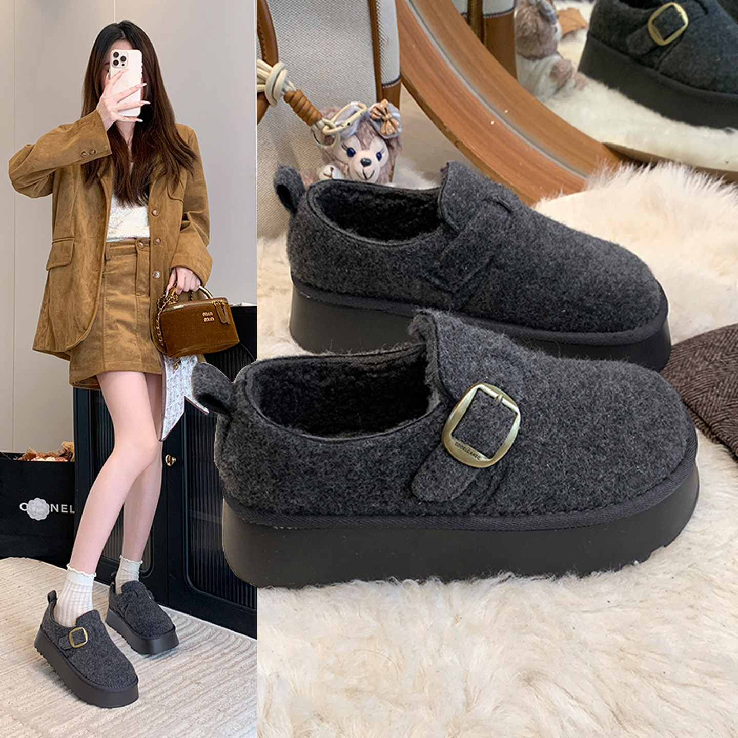 厚底加绒勃肯鞋女鞋子2025新款秋冬复古休闲乐福鞋加绒雪地靴棉鞋,淘宝优惠券,粉丝福利购,淘宝优惠卷