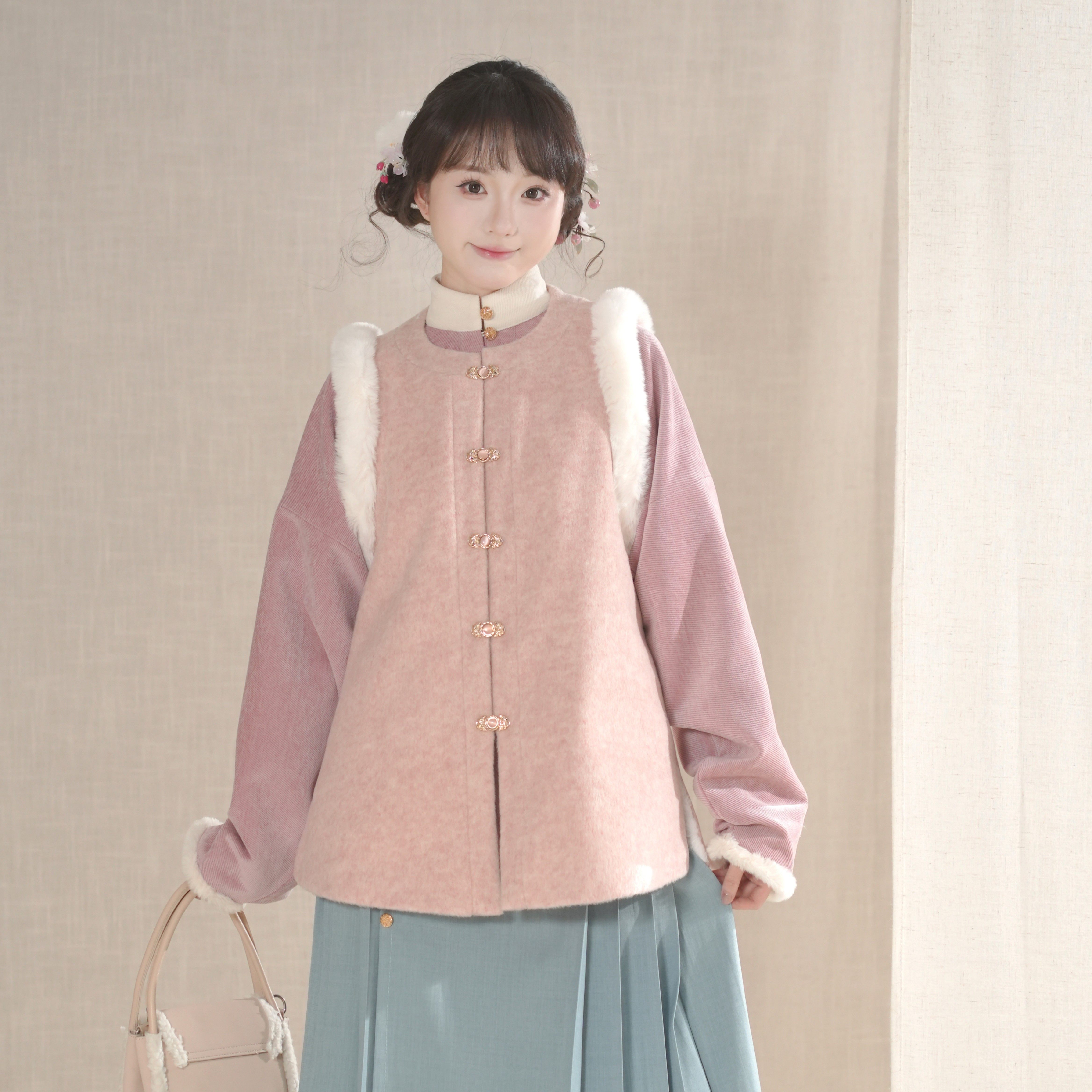 汉墨记奶团团明制圆领比甲加绒加厚日常保暖毛呢百搭冬季汉服女冬,淘宝优惠券,粉丝福利购,淘宝优惠卷