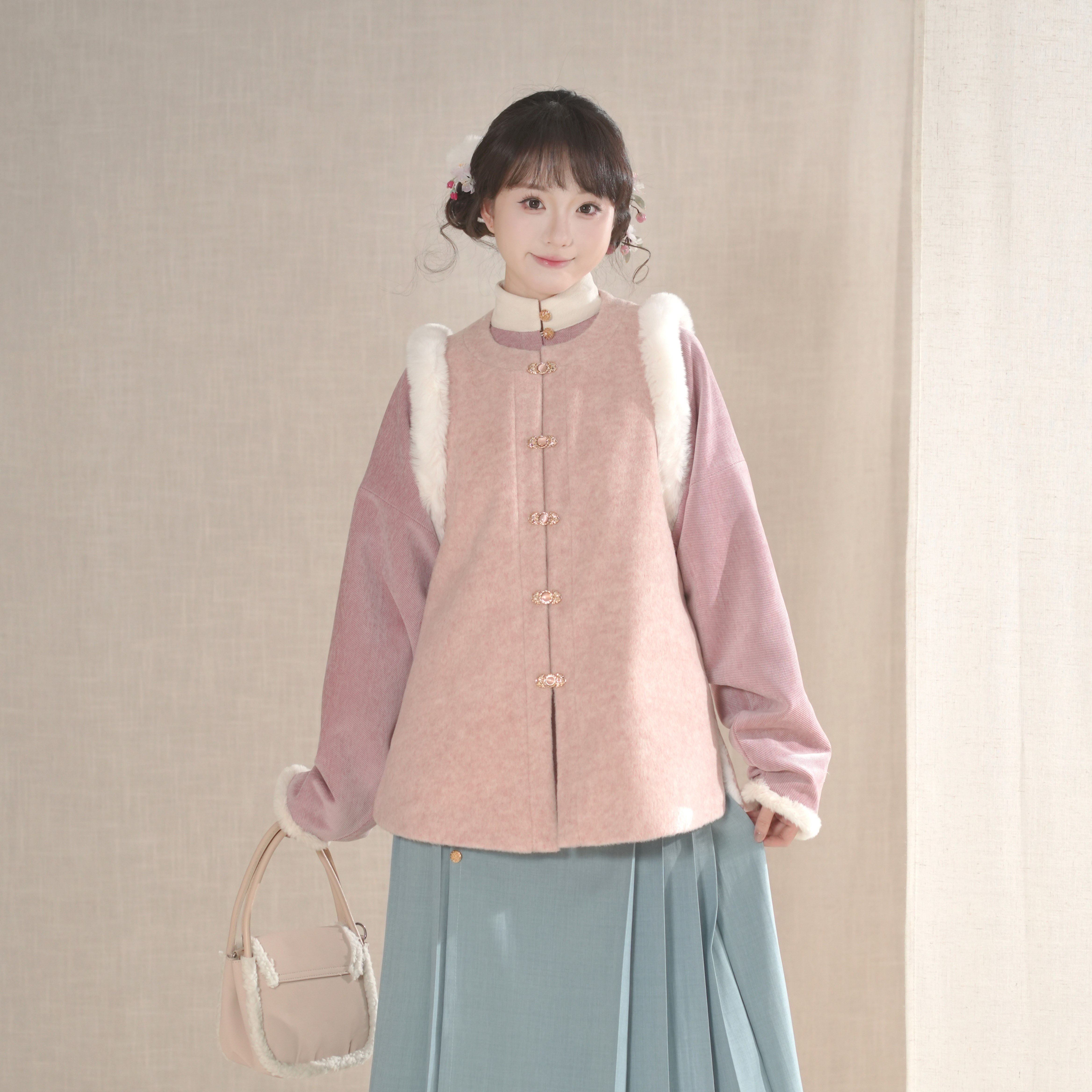 汉墨记奶团团明制圆领比甲加绒加厚日常保暖毛呢百搭冬季汉服女冬,淘宝优惠券,粉丝福利购,淘宝优惠卷