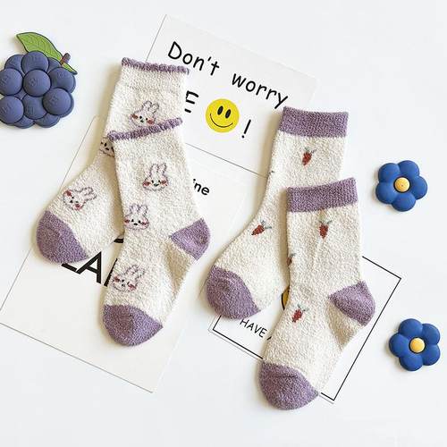 爱嘀嗒儿童袜子秋冬季加厚保暖珊瑚绒卡通可爱小兔男女童中高筒袜 - 图2