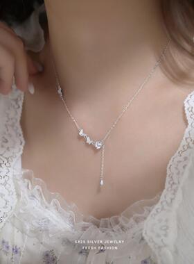 S925纯银锆石蝴蝶项链女款流苏
