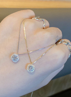 925镀银锆石气质女吊坠ins冷淡日韩百搭满钻四方形几何项链设计感