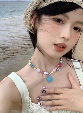多巴胺彩色串珠星星项链女轻奢小众设计感网红配饰甜酷辣妹锁骨链