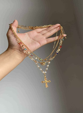 复古巴洛克原创风双层叠十字架项链多层欧美高级设计轻奢锁骨颈链