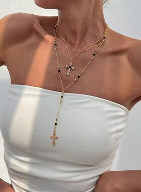 原创十字架项链黑色复古朋克多层甜酷毛衣链小众辣妹时尚锁骨流苏