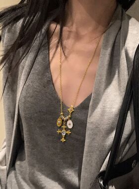 复古超闪十字架鸢尾项链女小众轻奢高级锁骨链中古vintage颈链