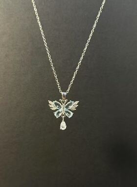 蓝色蝴蝶结流苏项链女轻奢锆石锁骨链小众设计吊坠高级感气质饰品