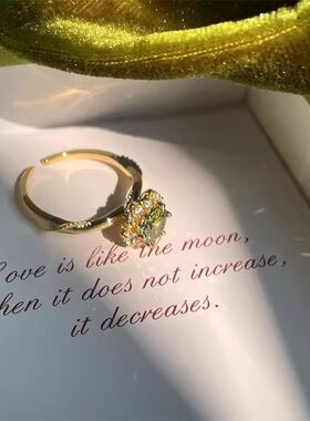 vintage中古戒指女ins橄榄绿锆石食指戒复古轻奢高级法式开口指环