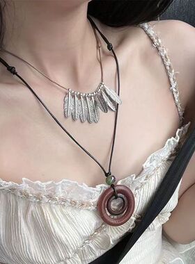 小众复古项链民族度假波西羽毛锁骨链树叶文艺感木珠长项链锁骨链