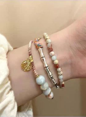 骷髅猫咪陶瓷串珠手链编织绳小众设计闺蜜甜酷感手串情侣手链松紧