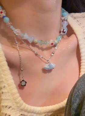 多巴胺女孩!彩色星星项链女~彩色串珠甜美爱心卡通可爱锁骨链颈链