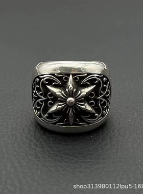 尅罗伈潮CH复古Fashion 个性宽版六芒星泰银戒指男款霸气欧
