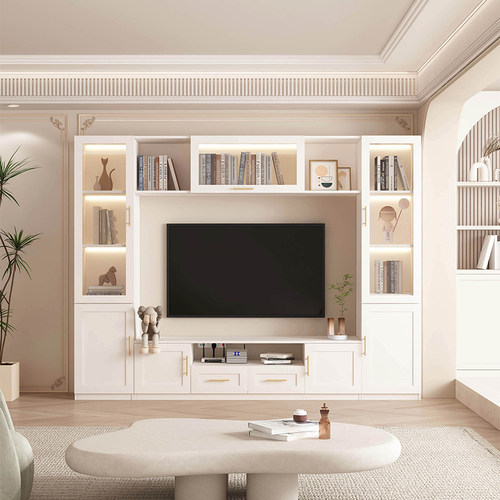 法式复古客厅电视背景墙家用现代简约原木风一体电视柜书柜收纳 - 图2