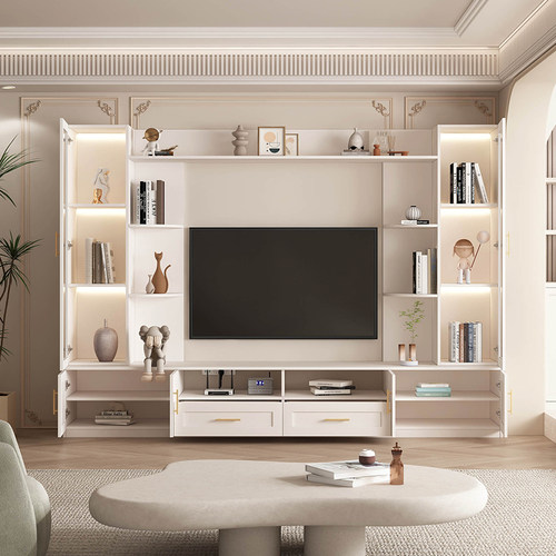 法式复古客厅电视背景墙家用现代简约原木风一体电视柜书柜收纳 - 图1