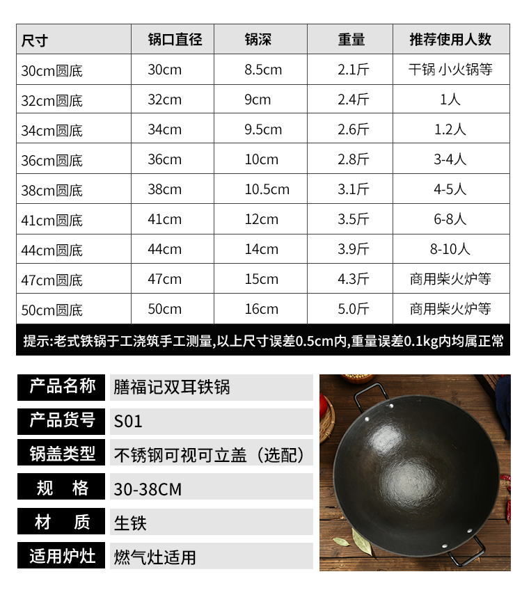 传统老式双耳铸铁锅小号炒锅家用圆底无涂层不粘锅燃气灶炒菜锅具-图0