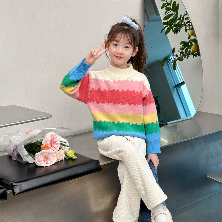 女童毛衣加绒加厚冬装新款2025儿童针织衫彩虹拼色中大童线衣百搭,淘宝优惠券,粉丝福利购,淘宝优惠卷