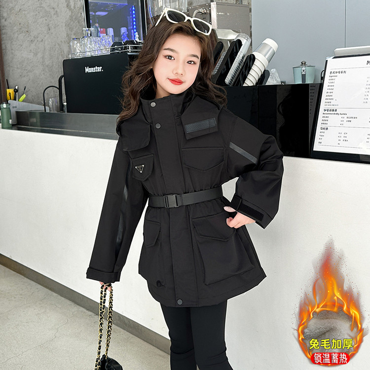 女童夹棉加厚风衣外套中长款保暖2025新款休闲中大童薄棉衣秋冬装 - 图1