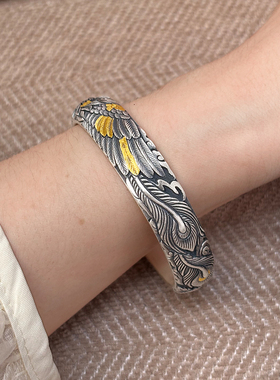 足银9999牡丹花手镯女