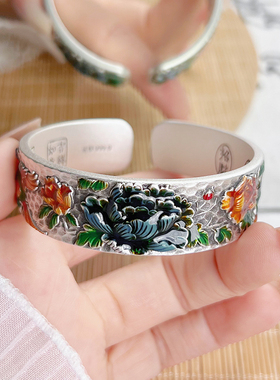 航达银匠喜鹊牡丹足银999手镯