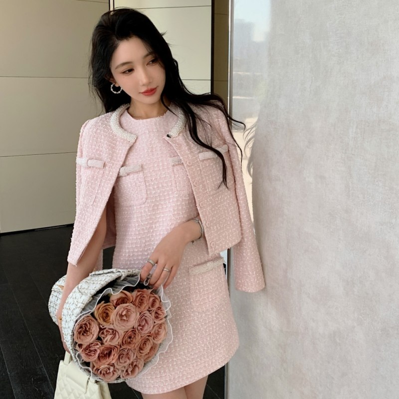 富家千金小香风珍珠粉红色粗花呢长袖外套开衫无袖连衣裙两件套装,淘宝优惠券,粉丝福利购,淘宝优惠卷