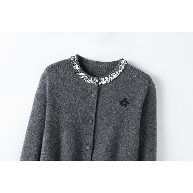 格外显肤白~亮片领口纯羊绒花朵刺绣针织开衫女短款毛衣外套,淘宝优惠券,粉丝福利购,淘宝优惠卷