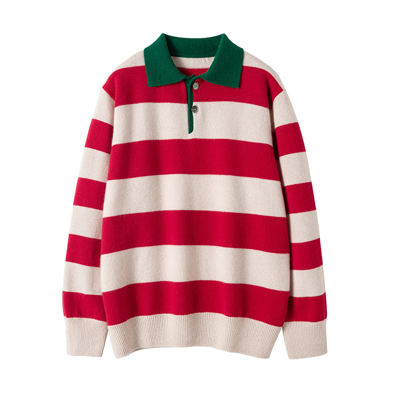 这个真心好看！加厚复古休闲风POLO翻领红条纹羊绒毛衣女纯羊绒衫,淘宝优惠券,粉丝福利购,淘宝优惠卷
