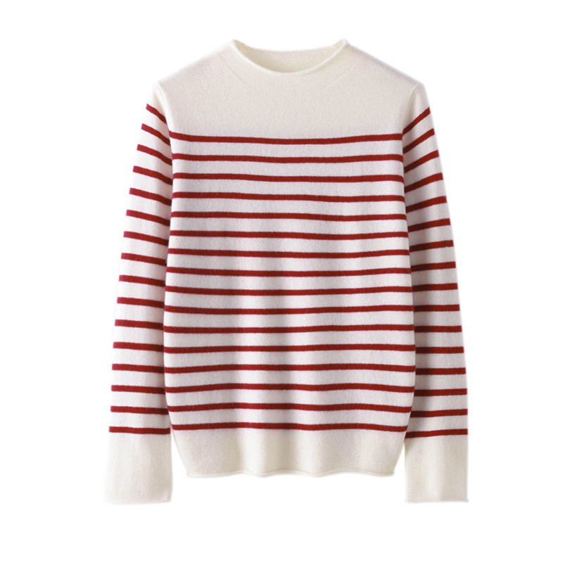 这版型怎么穿都美！平面卷边条纹半高领羊绒衫女纯羊绒毛衣针织衫,淘宝优惠券,粉丝福利购,淘宝优惠卷