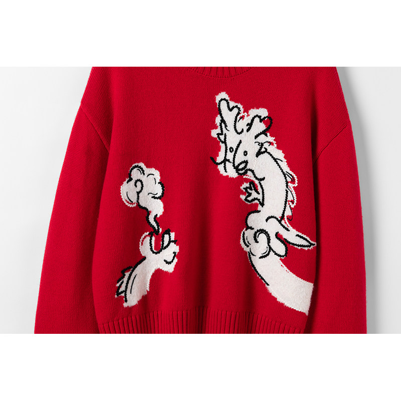 【喜乐灵龙】系列2025新款100%纯羊绒复古休闲针织套头红色毛衣女,淘宝优惠券,粉丝福利购,淘宝优惠卷