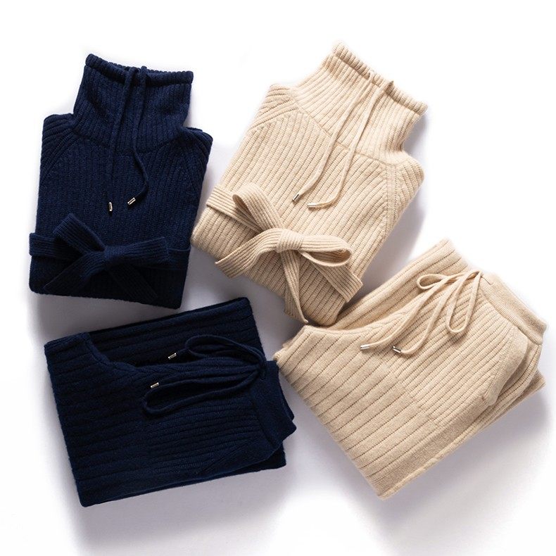 温婉时髦气质！加厚羊绒衫女高领系带针织羊绒阔腿裤子女外穿套装,淘宝优惠券,粉丝福利购,淘宝优惠卷