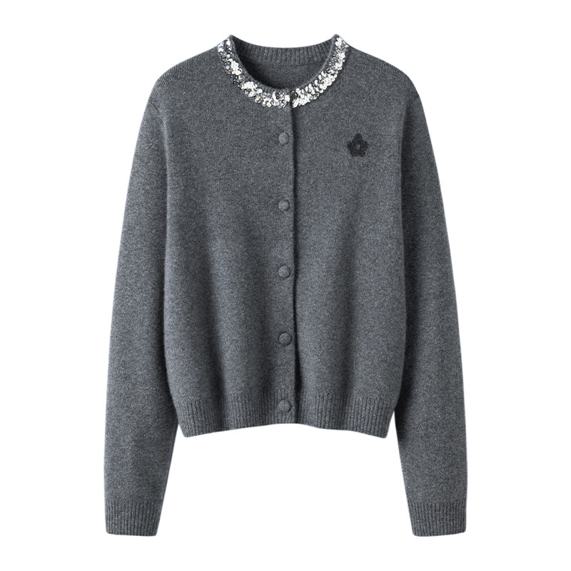 格外显肤白~亮片领口纯羊绒花朵刺绣针织开衫女短款毛衣外套,淘宝优惠券,粉丝福利购,淘宝优惠卷