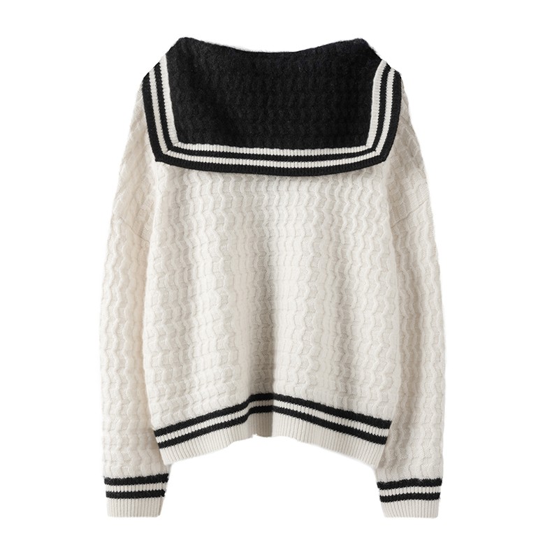 时光胶囊~2025年学院风毛衣遮肉外套海军领针织羊绒开衫白黑撞色 - 图2