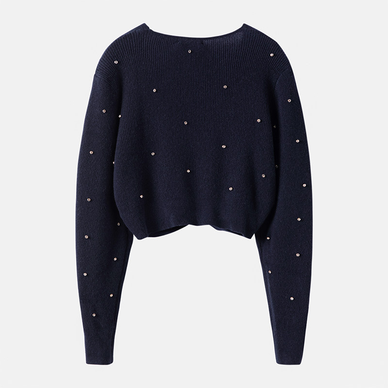 萨琪尼〓绒+〓藏青色扭转v领水钻蝙蝠袖羊绒毛衣女短款2025秋冬,淘宝优惠券,粉丝福利购,淘宝优惠卷