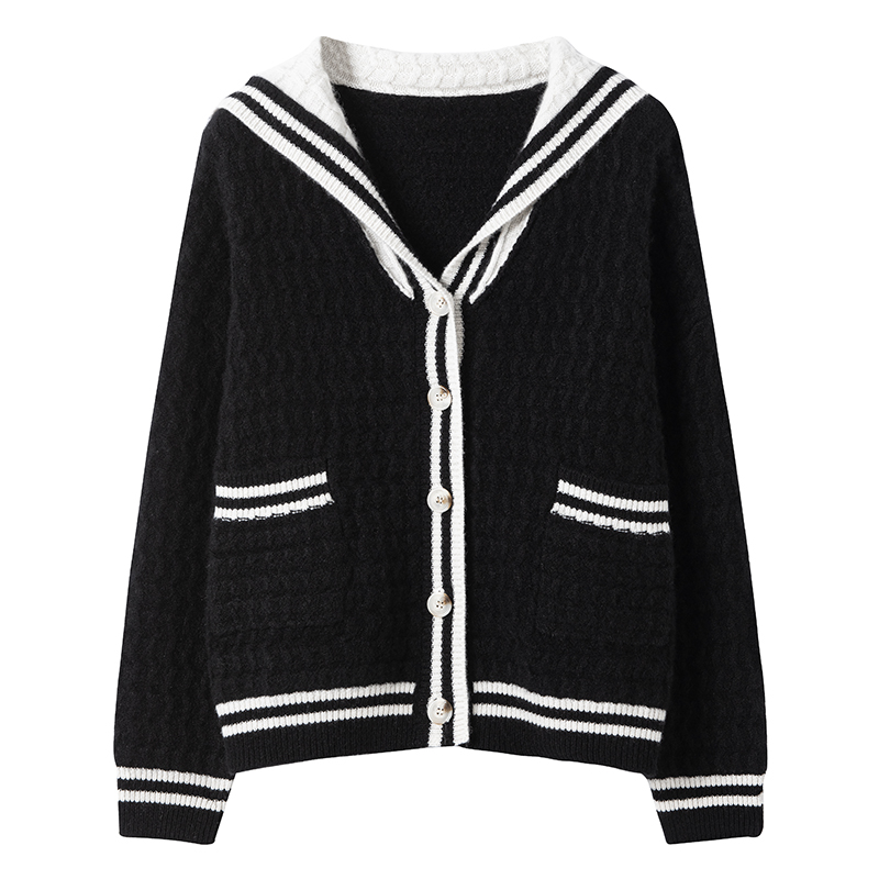 时光胶囊~2025年学院风毛衣遮肉外套海军领针织羊绒开衫白黑撞色 - 图3